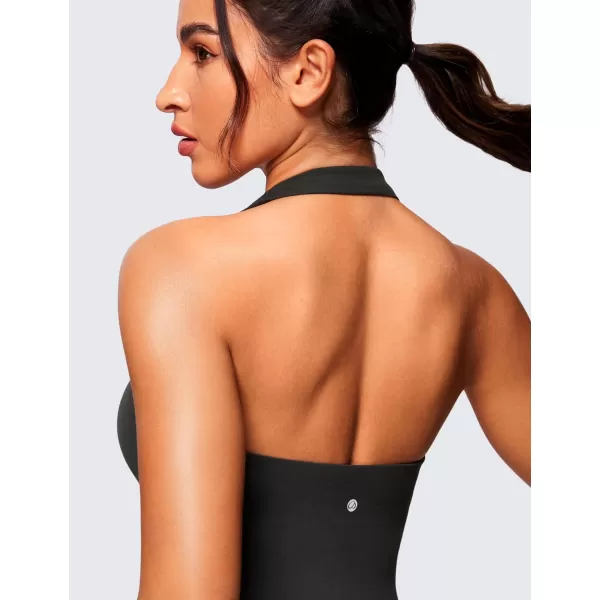 CRZ YOGA Butterluxe Halter Backless Athletic Rompers for Women Workout Bodycon One Piece Shorts Jumpsuit with PadsBlack