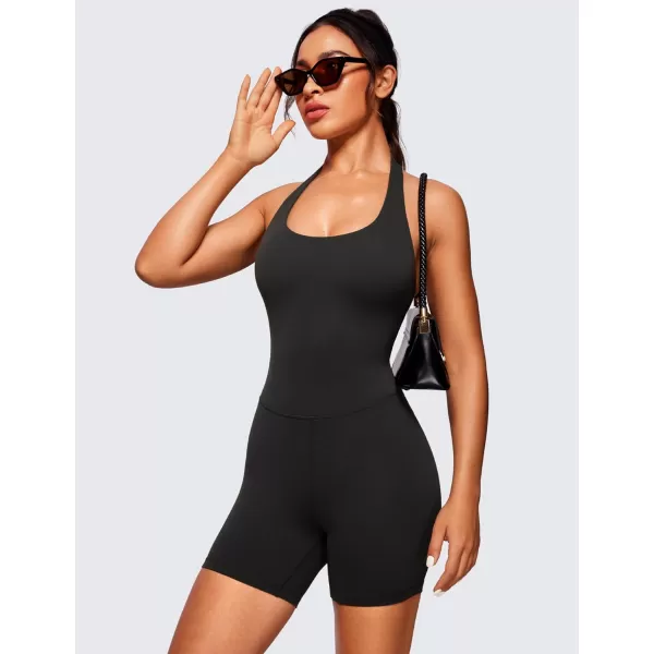 CRZ YOGA Butterluxe Halter Backless Athletic Rompers for Women Workout Bodycon One Piece Shorts Jumpsuit with PadsBlack