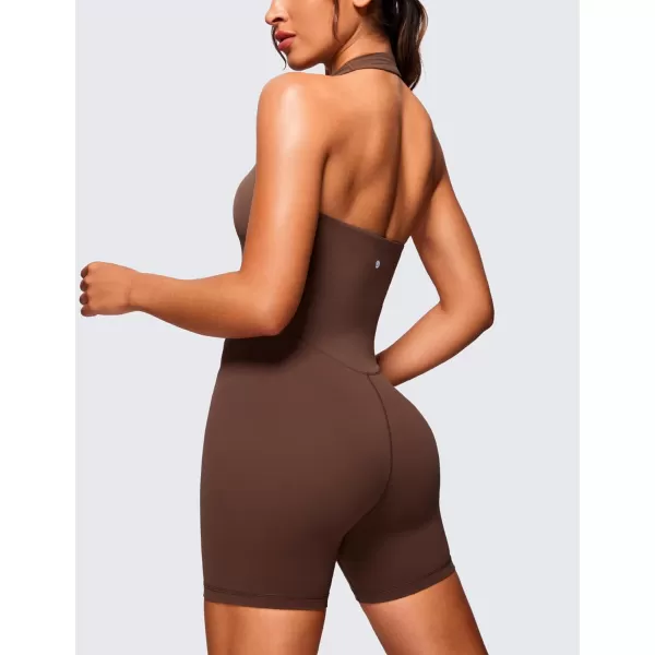 CRZ YOGA Butterluxe Halter Backless Athletic Rompers for Women Workout Bodycon One Piece Shorts Jumpsuit with PadsCoffee Brown