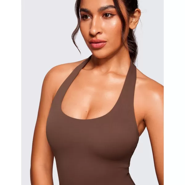 CRZ YOGA Butterluxe Halter Backless Athletic Rompers for Women Workout Bodycon One Piece Shorts Jumpsuit with PadsCoffee Brown