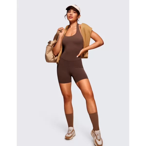 CRZ YOGA Butterluxe Halter Backless Athletic Rompers for Women Workout Bodycon One Piece Shorts Jumpsuit with PadsCoffee Brown