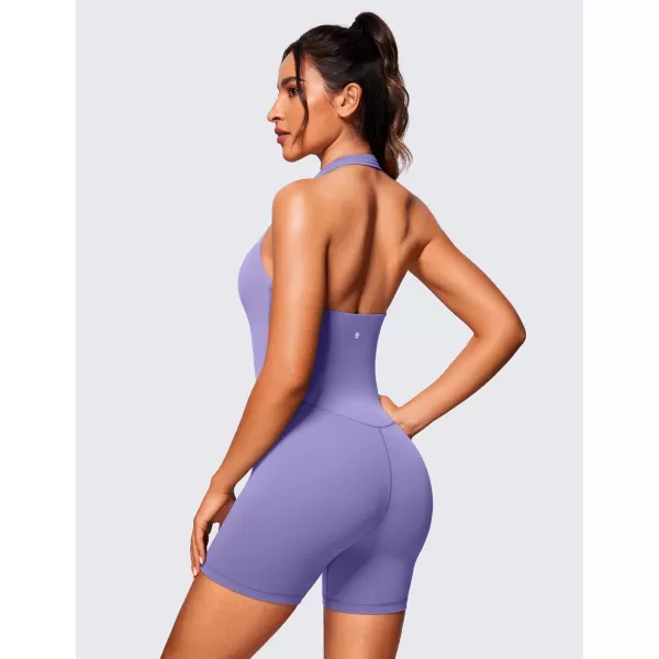 CRZ YOGA Butterluxe Halter Backless Athletic Rompers for Women Workout Bodycon One Piece Shorts Jumpsuit with PadsDark Lavender Purple