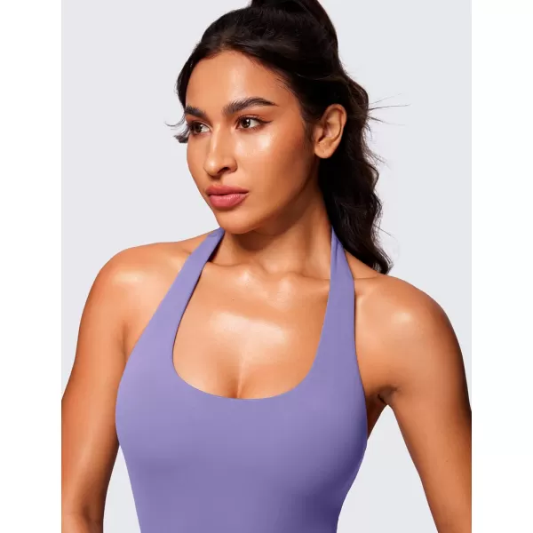 CRZ YOGA Butterluxe Halter Backless Athletic Rompers for Women Workout Bodycon One Piece Shorts Jumpsuit with PadsDark Lavender Purple