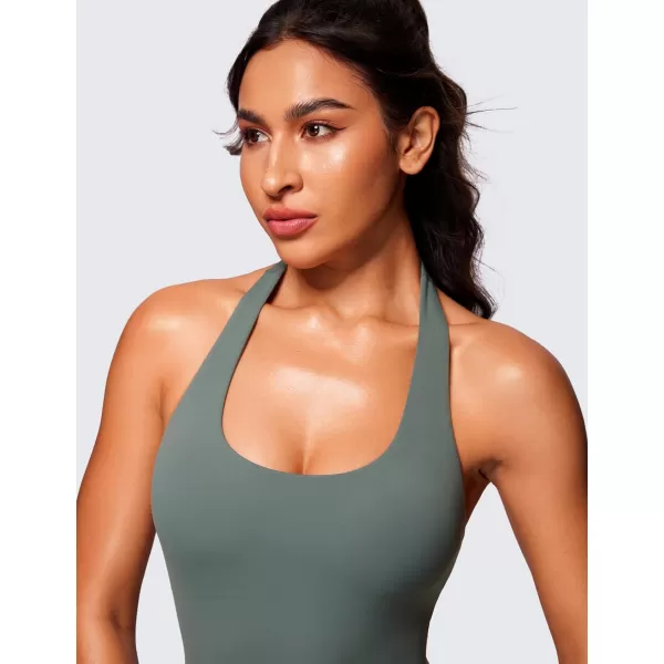 CRZ YOGA Butterluxe Halter Backless Athletic Rompers for Women Workout Bodycon One Piece Shorts Jumpsuit with PadsGrey Sage