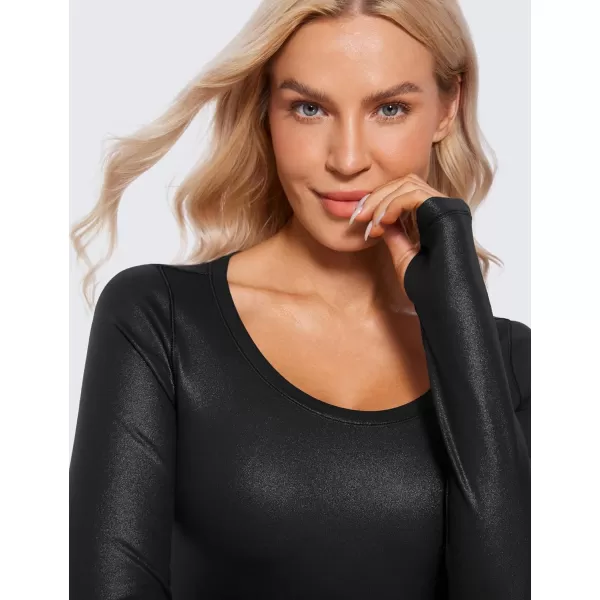 CRZ YOGA Butterluxe Long Sleeve Crop Tops for Women Slim Fit Workout Shirts Cropped Athletic Gym TopFaux Leather Black