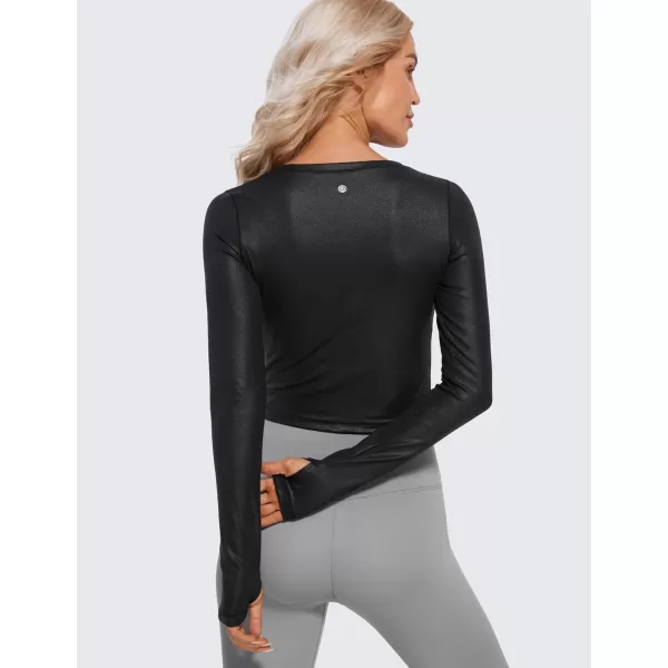 CRZ YOGA Butterluxe Long Sleeve Crop Tops for Women Slim Fit Workout Shirts Cropped Athletic Gym TopFaux Leather Black