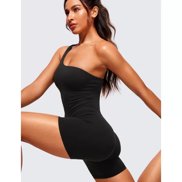 CRZ YOGA Butterluxe One Shoulder Athletic Rompers for Women Removable Padded Shorts Jumpsuit One Piece Stretchy BodysuitBlack