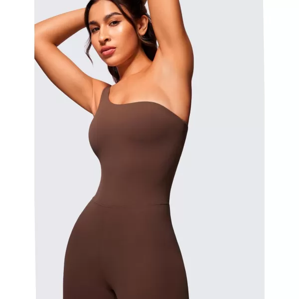 CRZ YOGA Butterluxe One Shoulder Athletic Rompers for Women Removable Padded Shorts Jumpsuit One Piece Stretchy BodysuitCoffee Brown