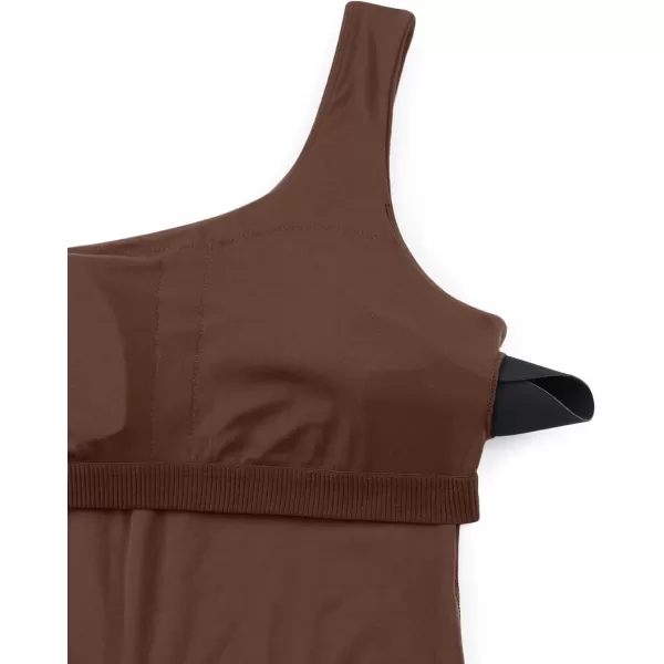 CRZ YOGA Butterluxe One Shoulder Athletic Rompers for Women Removable Padded Shorts Jumpsuit One Piece Stretchy BodysuitCoffee Brown