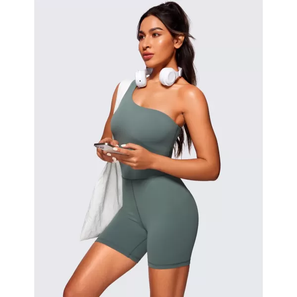 CRZ YOGA Butterluxe One Shoulder Athletic Rompers for Women Removable Padded Shorts Jumpsuit One Piece Stretchy BodysuitGrey Sage