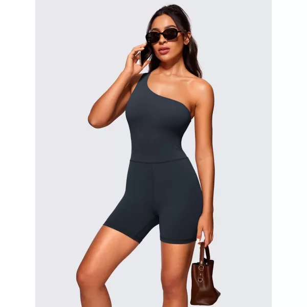 CRZ YOGA Butterluxe One Shoulder Athletic Rompers for Women Removable Padded Shorts Jumpsuit One Piece Stretchy BodysuitTrue Navy