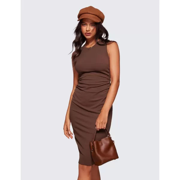 CRZ YOGA Butterluxe Summer Midi Dresses for Women Ruched Bodycon Sleeveless Tank Pencil Dress Cocktail Party Work CasualCoffee Brown