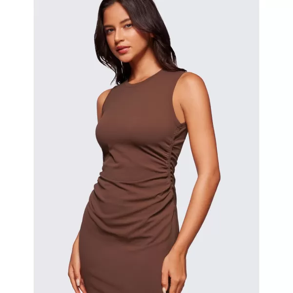 CRZ YOGA Butterluxe Summer Midi Dresses for Women Ruched Bodycon Sleeveless Tank Pencil Dress Cocktail Party Work CasualCoffee Brown