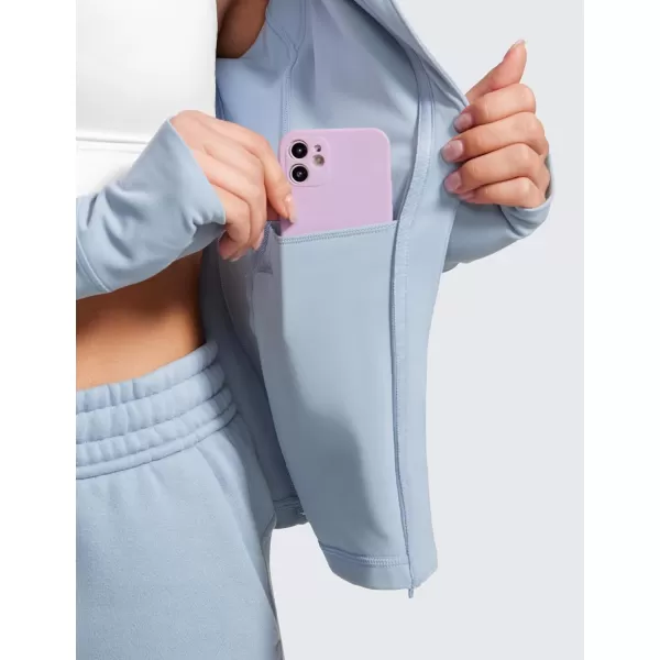 CRZ YOGA Butterluxe Womens Hooded Workout Jacket  Zip Up Athletic Running Jacket with Back Mesh Vent  Thumb HolesCambric Blue