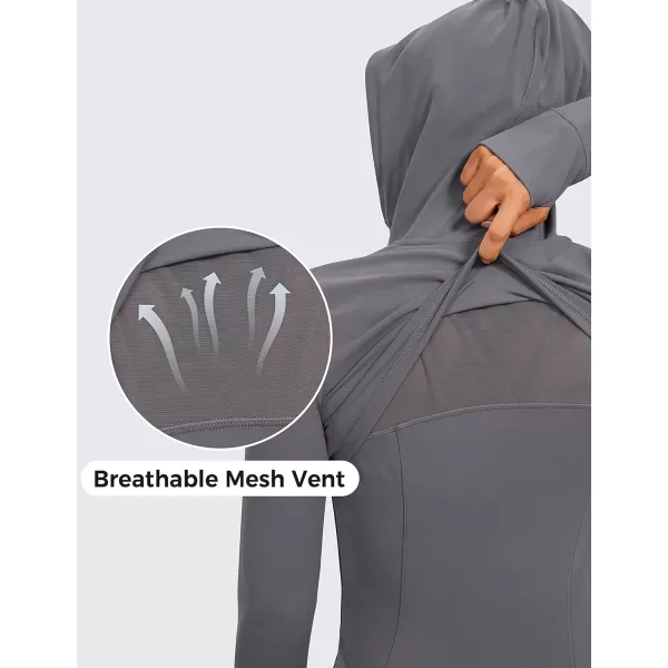 CRZ YOGA Butterluxe Womens Hooded Workout Jacket  Zip Up Athletic Running Jacket with Back Mesh Vent  Thumb HolesDark Carbon