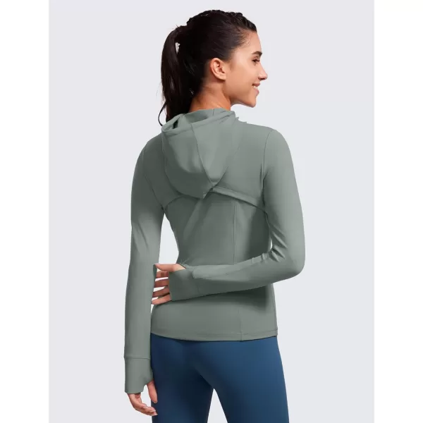 CRZ YOGA Butterluxe Womens Hooded Workout Jacket  Zip Up Athletic Running Jacket with Back Mesh Vent  Thumb HolesGrey Sage