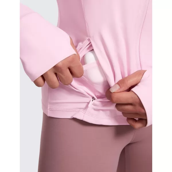 CRZ YOGA Butterluxe Womens Hooded Workout Jacket  Zip Up Athletic Running Jacket with Back Mesh Vent  Thumb HolesPink Peony