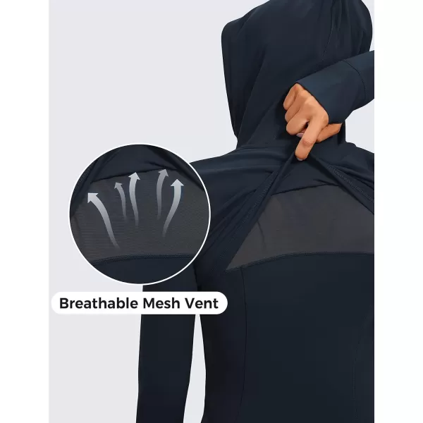 CRZ YOGA Butterluxe Womens Hooded Workout Jacket  Zip Up Athletic Running Jacket with Back Mesh Vent  Thumb HolesTrue Navy