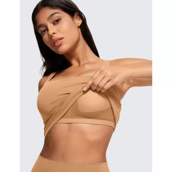 CRZ YOGA Butterluxe Womens Square Neck Longline Sports Bra  Workout Crop Tank Tops Padded with Built in Shelf Yoga BraDoe Brown