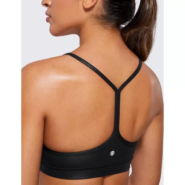 CRZ YOGA Butterluxe Womens Y Back Sports Bra  Padded Racerback Low Impact Spaghetti Thin Strap Workout Yoga BraFaux Leather Black