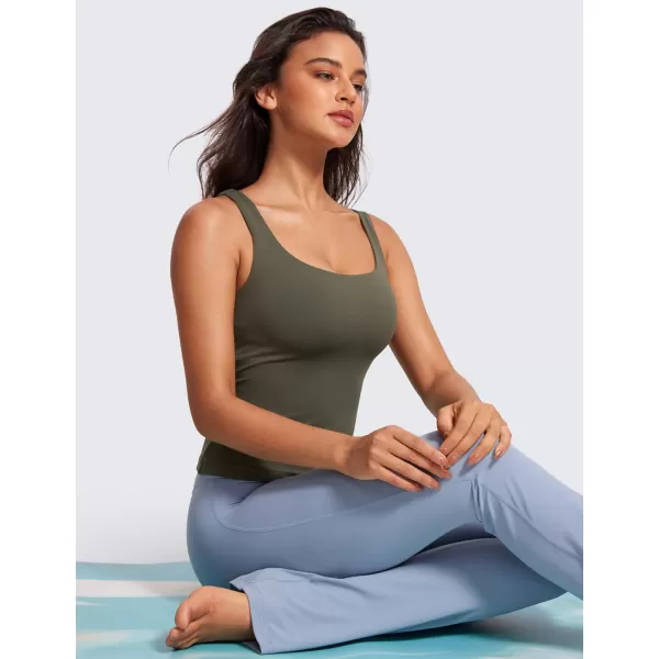 CRZ YOGA Butterluxe Workout Tank Tops for Women U Neck Padded Crop Tops Athletic Camisole Tops with Built in BraLight Army Green