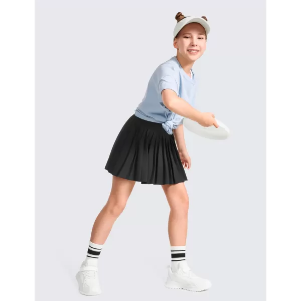 CRZ YOGA Girls Pleated Skirt with Shorts Tennis Athletic School Kids Teen Skorts with PocketsBlack