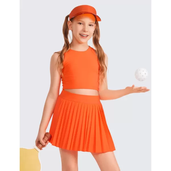 CRZ YOGA Girls Pleated Skirt with Shorts Tennis Athletic School Kids Teen Skorts with PocketsNeon Orange