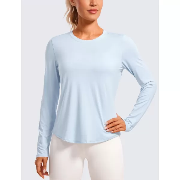 CRZ YOGA Lightweight Long Sleeve Workout Shirts for Women Running UPF 50 Sun Shirt High Neck Athletic Training TopsBlue Linen