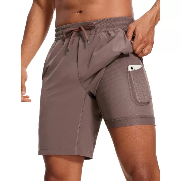 CRZ YOGA Mens 2 in 1 Running Shorts with Liner  5 7 9 Quick Dry Workout Sports Athletic Shorts with PocketsBrown Rock