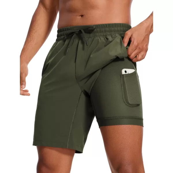 CRZ YOGA Mens 2 in 1 Running Shorts with Liner  5 7 9 Quick Dry Workout Sports Athletic Shorts with PocketsDark Olive