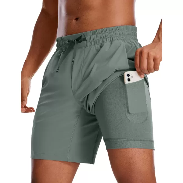 CRZ YOGA Mens 2 in 1 Running Shorts with Liner  5 7 9 Quick Dry Workout Sports Athletic Shorts with PocketsGrey Sage