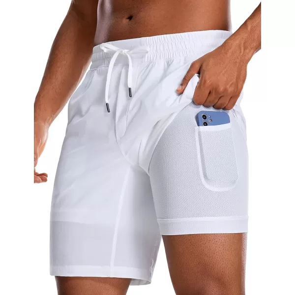 CRZ YOGA Mens 2 in 1 Running Shorts with Liner  5 7 9 Quick Dry Workout Sports Athletic Shorts with PocketsWhite