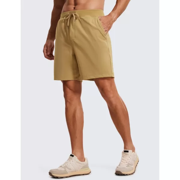CRZ YOGA Mens FourWay Stretch Workout Shorts  79 Soft Durable Casual Athletic Shorts with Pockets Gym Running HikingKhaki Sand