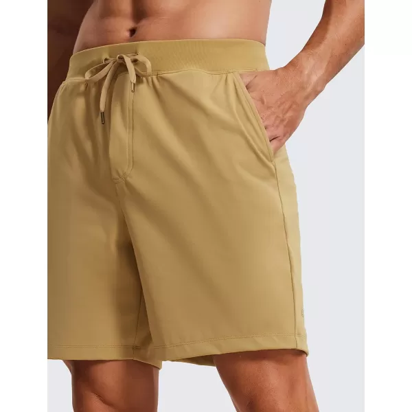 CRZ YOGA Mens FourWay Stretch Workout Shorts  79 Soft Durable Casual Athletic Shorts with Pockets Gym Running HikingKhaki Sand