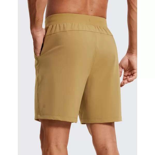 CRZ YOGA Mens FourWay Stretch Workout Shorts  79 Soft Durable Casual Athletic Shorts with Pockets Gym Running HikingKhaki Sand