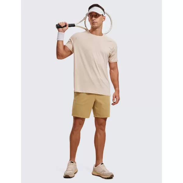 CRZ YOGA Mens FourWay Stretch Workout Shorts  79 Soft Durable Casual Athletic Shorts with Pockets Gym Running HikingKhaki Sand