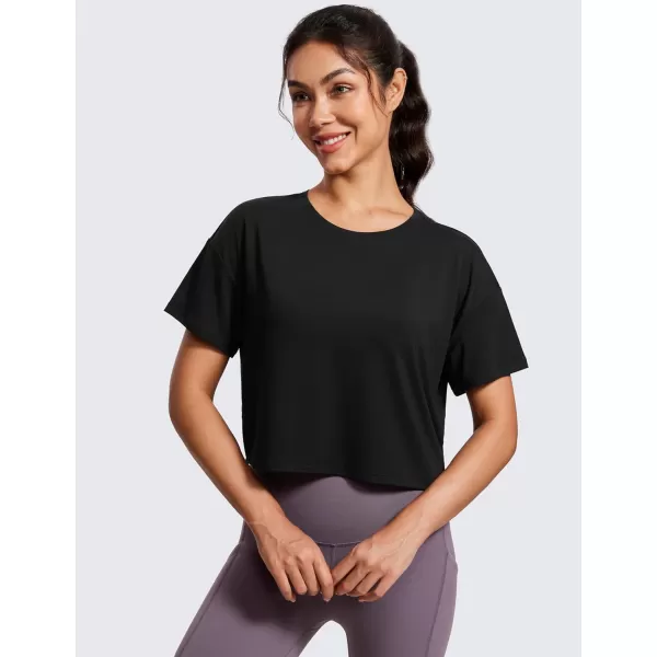 CRZ YOGA Open Back Short Sleeve Crop Top for Women Loose Athletic Yoga Workout Tops Casual Cropped Tee ShirtsBlack