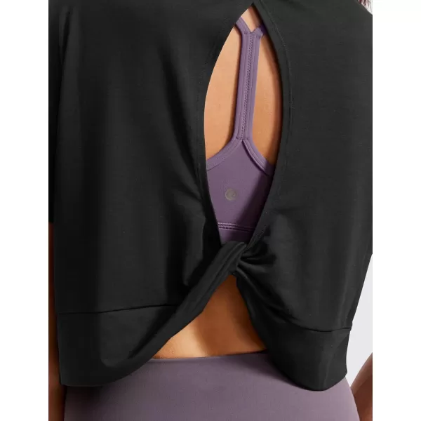 CRZ YOGA Open Back Short Sleeve Crop Top for Women Loose Athletic Yoga Workout Tops Casual Cropped Tee ShirtsBlack