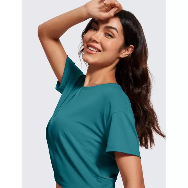 CRZ YOGA Open Back Short Sleeve Crop Top for Women Loose Athletic Yoga Workout Tops Casual Cropped Tee ShirtsGreen Jade