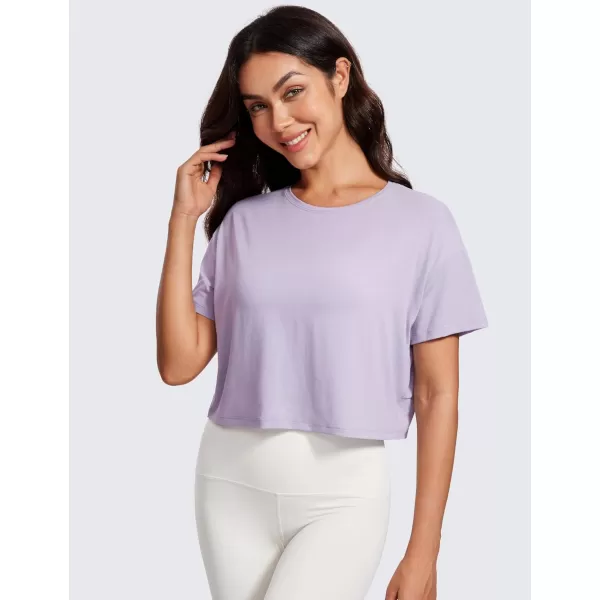 CRZ YOGA Open Back Short Sleeve Crop Top for Women Loose Athletic Yoga Workout Tops Casual Cropped Tee ShirtsLilac Lavender