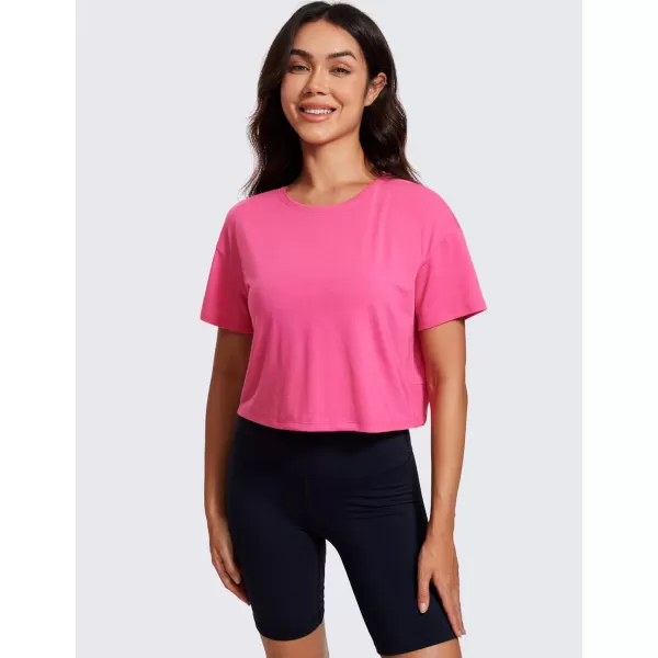 CRZ YOGA Open Back Short Sleeve Crop Top for Women Loose Athletic Yoga Workout Tops Casual Cropped Tee ShirtsSonic Pink