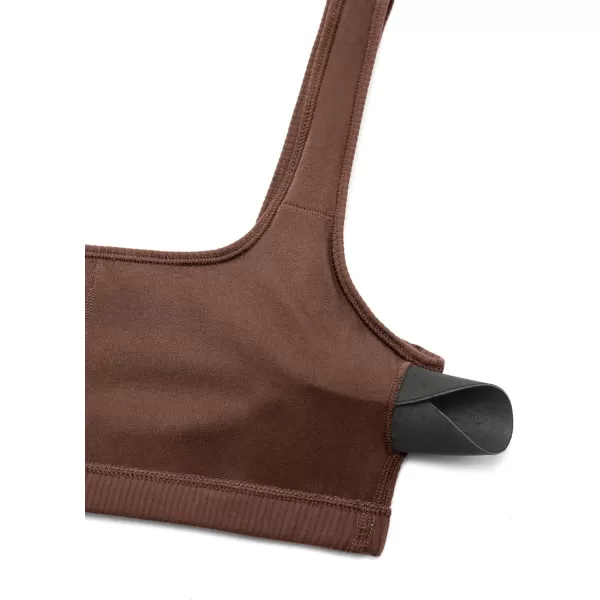 CRZ YOGA Ribbed Sports Bras for Women  Square Neck Wireless Padded Bra Low Coverage Yoga Crop Top with Built in BraCoffee Brown