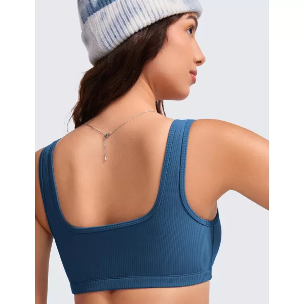 CRZ YOGA Ribbed Sports Bras for Women  Square Neck Wireless Padded Bra Low Coverage Yoga Crop Top with Built in BraFrench Navy