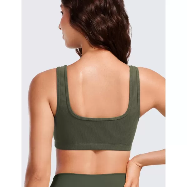 CRZ YOGA Ribbed Sports Bras for Women  Square Neck Wireless Padded Bra Low Coverage Yoga Crop Top with Built in BraOlive Green