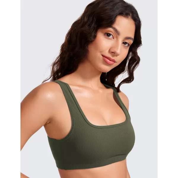 CRZ YOGA Ribbed Sports Bras for Women  Square Neck Wireless Padded Bra Low Coverage Yoga Crop Top with Built in BraOlive Green