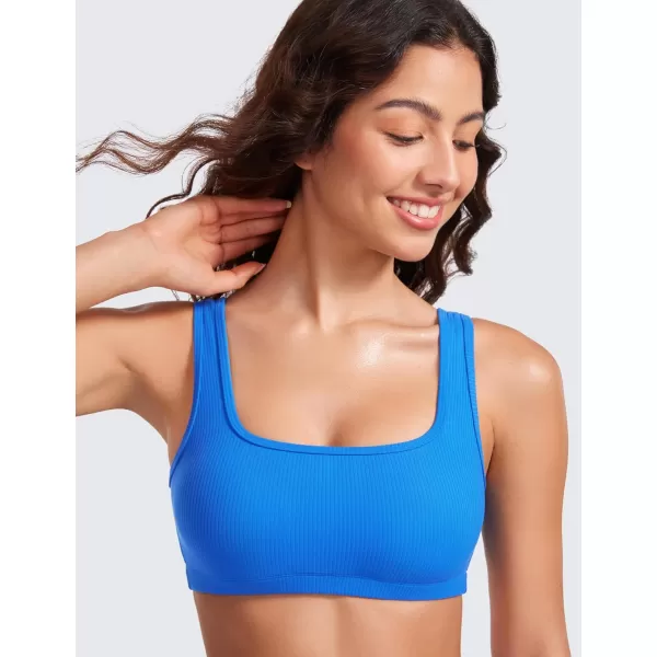 CRZ YOGA Ribbed Sports Bras for Women  Square Neck Wireless Padded Bra Low Coverage Yoga Crop Top with Built in BraSparkle Blue