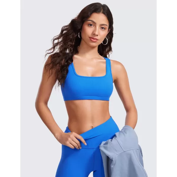 CRZ YOGA Ribbed Sports Bras for Women  Square Neck Wireless Padded Bra Low Coverage Yoga Crop Top with Built in BraSparkle Blue