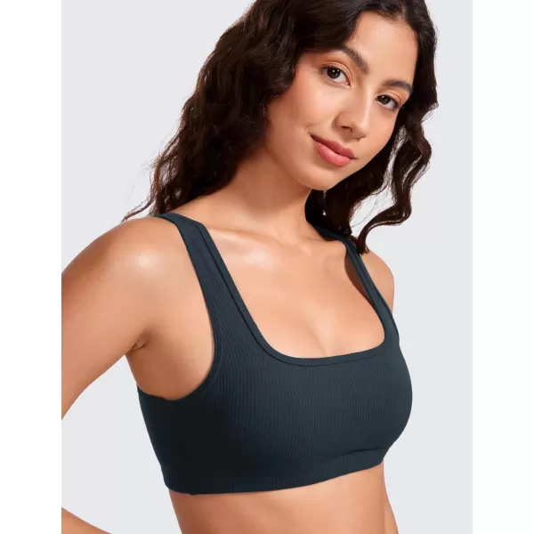 CRZ YOGA Ribbed Sports Bras for Women  Square Neck Wireless Padded Bra Low Coverage Yoga Crop Top with Built in BraTrue Navy