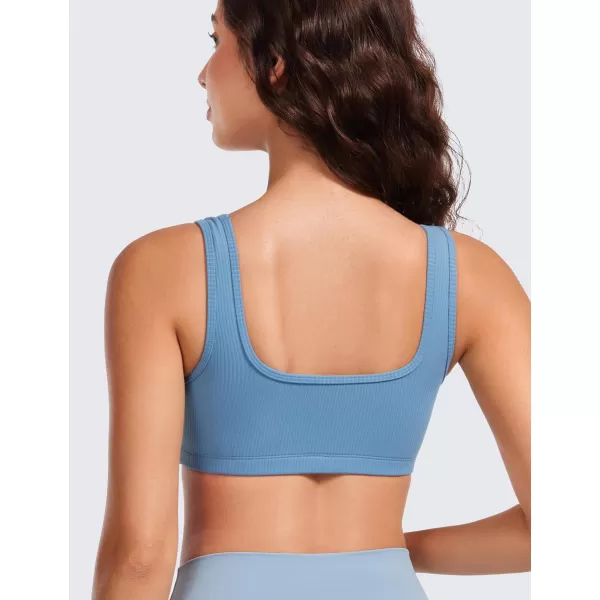 CRZ YOGA Ribbed Sports Bras for Women  Square Neck Wireless Padded Bra Low Coverage Yoga Crop Top with Built in BraUniverse Blue