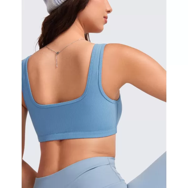 CRZ YOGA Ribbed Sports Bras for Women  Square Neck Wireless Padded Bra Low Coverage Yoga Crop Top with Built in BraUniverse Blue